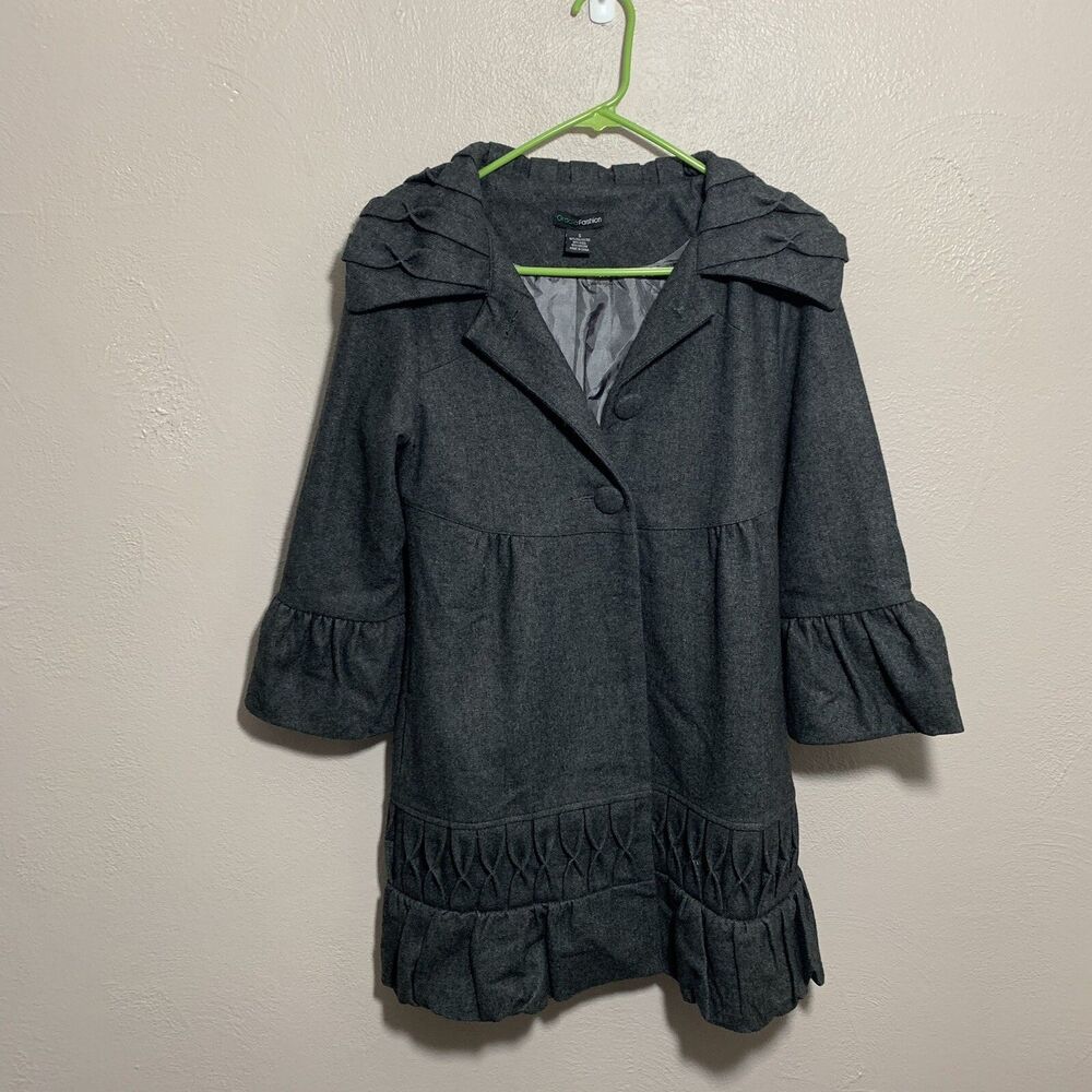 Gracia Fashion 3/4 Sleeve Gray Wool Blend Coat Gathered Jacket Womens Sz S